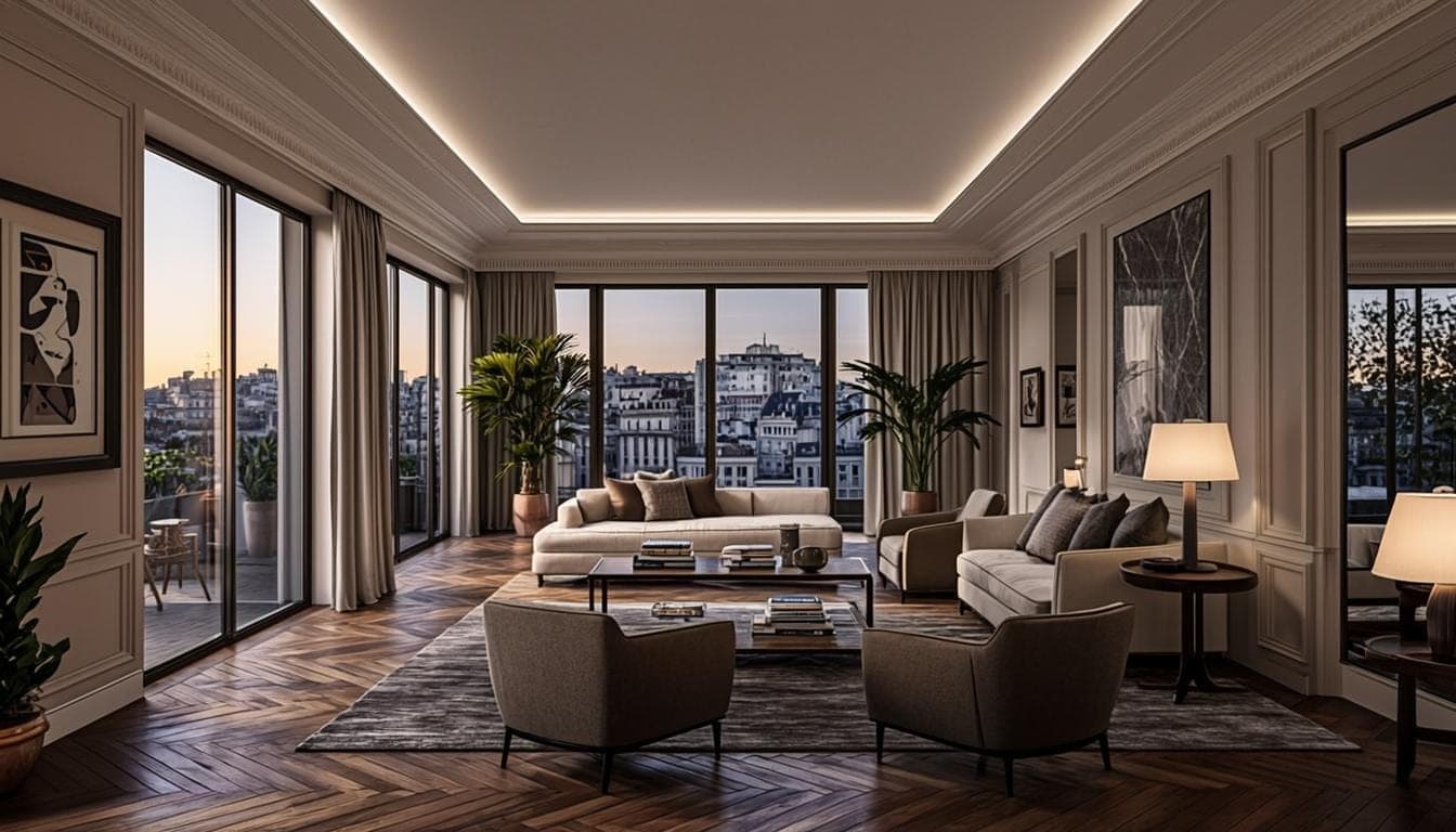 Séjour d'un appartement haussmannien luxueux avec vue sur les toits de Paris au crépuscule